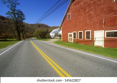 Red Barn By Side Of Scenic Route 100 In Autumn, VT