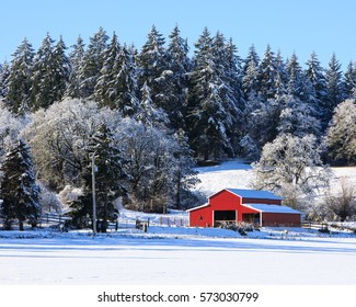 Red Barn In Country Side During Winter