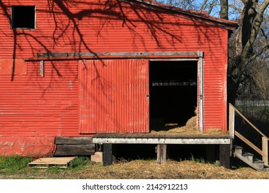 A Red Barn Door Hanging Doors Metal Corrugated Entrance Horse Cow Cattle Shelter Feed Store Warehouse Farming Building