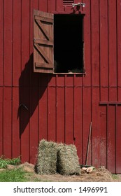 Red Barn With Hay And Loft Door Open