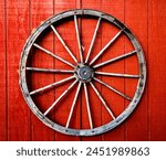 Red barn, horse shoes, wagon wheel