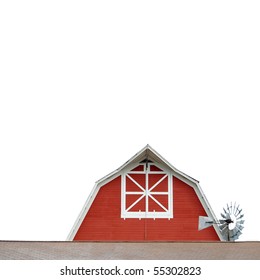 Red Barn And Metal Windmill Isolated On White Background.