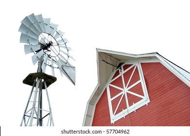 Red Barn And Metal Windmill Isolated On White Background.