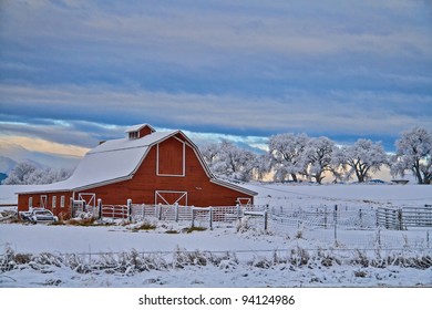 Red Barn With A Morning Snow