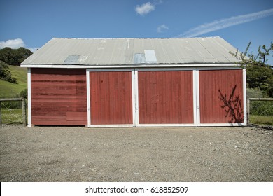 Red Barn Side With Sliding Doors, Metal Roof