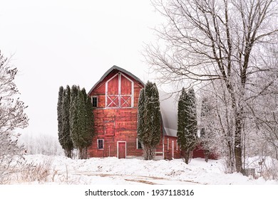 Red Barn Winter Snow Scene