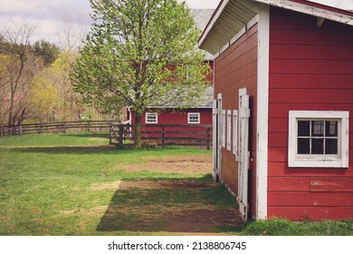 Red Barns On An Ohio Farm In Spring