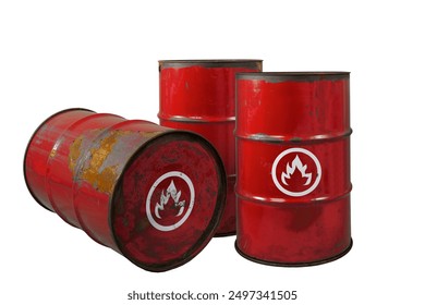 Red barrel or oil-drums with a flammable sign. Rusty dangerous barrel with fuel or crude oil on isolated background