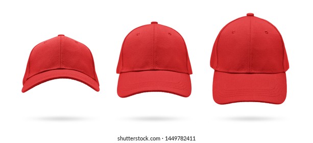 Red Baseball Cap In Different Angles Views. Mock Up.
