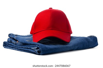 Red Baseball Cap Resting Atop Folded Blue Denim Jeans Against a White Background - Powered by Shutterstock