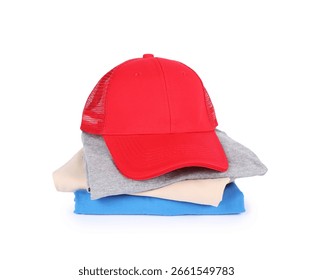 Red baseball cap and stack of folded t-shirts isolated on white. Mockup for design