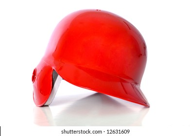 Red Baseball Helmet On White Background With Copy Space On Helmet