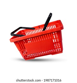 red basket shopping fly grocery supermarket white isolated  with clipping path - Shutterstock ID 1987171016