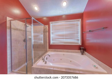 Red Bathroom Interior With Shower Stall And Drop In Bathtub With Ceramic Tiles Surround