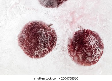 Red bayberries frozen in ice