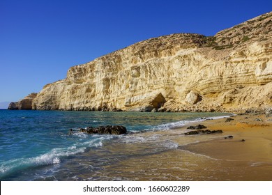 Red Beach or Kokkini Ammos in Greek is a nudist beach near Matala in Crete island in Greece. Golden soft sand and steep cliffs are the landmarks of this beach. Matala, Greece