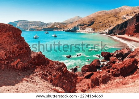 Red beach on Santorini island, Greece. Summer landscape, sea view. Famous travel destination