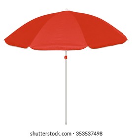 Red Beach Umbrella Isolated On White. Clipping Path Included.