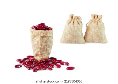 Red Beans In A Gunny Bag Isolated On White Background.