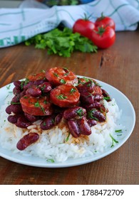 Red beans and rice with sausage cajun food, vertical