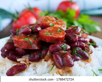 Red beans and rice with sausage cajun food, closeup