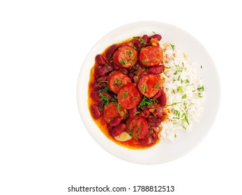 Red beans and rice with sausage on plate isolated on white background