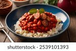 Red beans and rice - Spicy red beans cooked with sausage, served over rice.