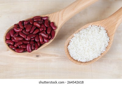 Red Beans And Rice In A Wooden Spoons