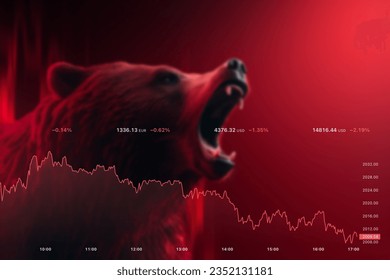 Red bear market in the stock market. Graph of a downward trend in the stock market. Falling prices on cryptocurrencies or other assets