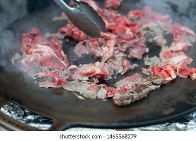 Red Beef Meat Bbq Fry  Philadelphia Cheesesteak Beefsteak Top Round Pan Close-up