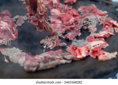 Red Beef Meat Bbq Fry  Philadelphia Cheesesteak Beefsteak Top Round Pan Close-up