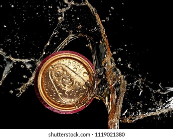 Red Beer Can Splash With Drops, Top View