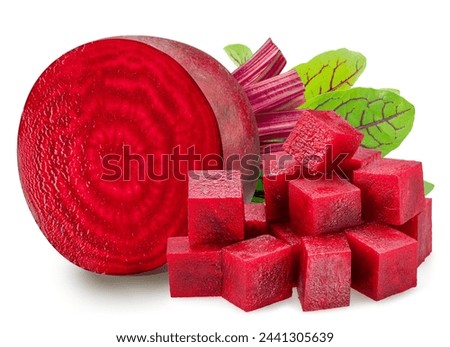Red beetroot cross section and pieces of beetroot isolated on white background. 