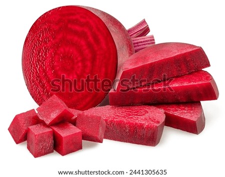 Red beetroot cross section and beetroot slices on white background. File contains clipping path.