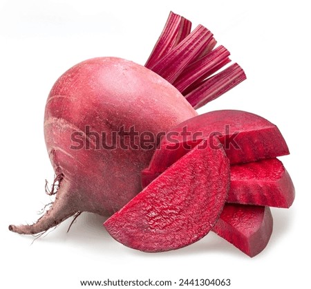 Red beetroot and beetroot slices isolated on white background. 