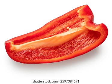 Red bell pepper longitudinal slice isolated on white background. File contains clipping path.