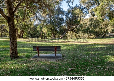Red bench facing a pond under eucalypt trees in Neil McDougall Park, Como suburb, Perth, Australia, 25 November 2021
