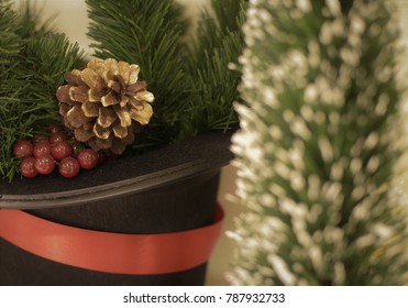 Red Berries With Pine Cones Placed On A Black Velvet Hat.