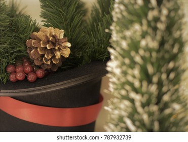 Red Berries With Pine Cones Placed On A Black Velvet Hat.