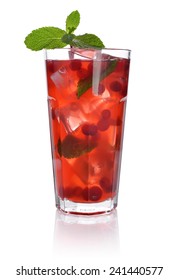 Red Berry Cocktail Drink With Cranberry And Ice Isolated On White