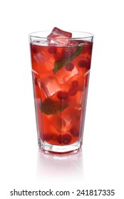 Red Berry Cocktail Drink With Cranberry And Ice Isolated On White