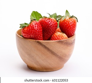 Red Berry Strawberries In A Wooden Bowl Isolated On White Background