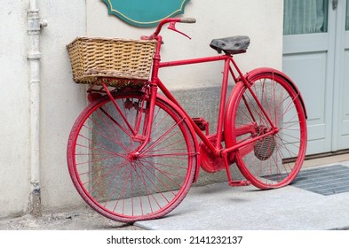 Red Bicycle Historic Bicycle Basket Leaning Stock Photo 2141232137 