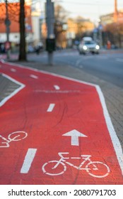 Red Bike Or Cycle Lane, Bikeway, Cycleway In Tallinn City With Sign