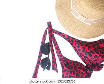 Red Bikini And Glasses With Hat Isolatd On White Background. For Summer Travel Holidays At Sea Or 
Swimming Pool. Accessory For 
Tourist Woman.