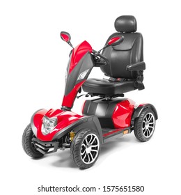 Red and Black Four Wheel Mobility Electric Scooter Isolated on White Background. Modern Mobility with LED Light Aid Vehicle. Personal Transport Side View. Electric Wheelchair with Step Through Frame