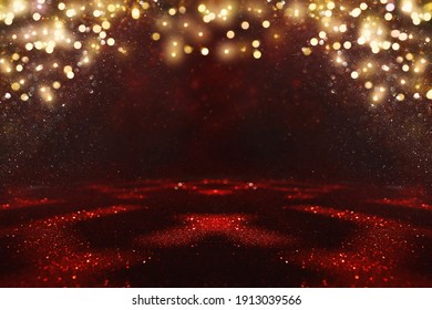 Red, Black And Gold Glitter Vintage Lights Background. Defocused
