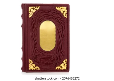 Red Black Gold Leather Mockup Book With Cover Color Isolated On White Background, Front View. With Empty Lable And Metal Fittings.