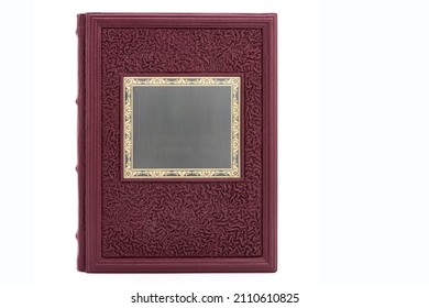 Red Black Gold Leather Mockup Book With Cover Color Isolated On White Background, Front View. With Empty Lable And Metal Fittings.