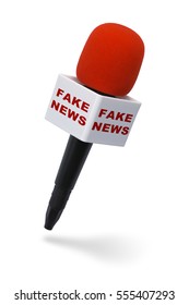 Red And Black Microphone With Fake News Isolated On White Background.